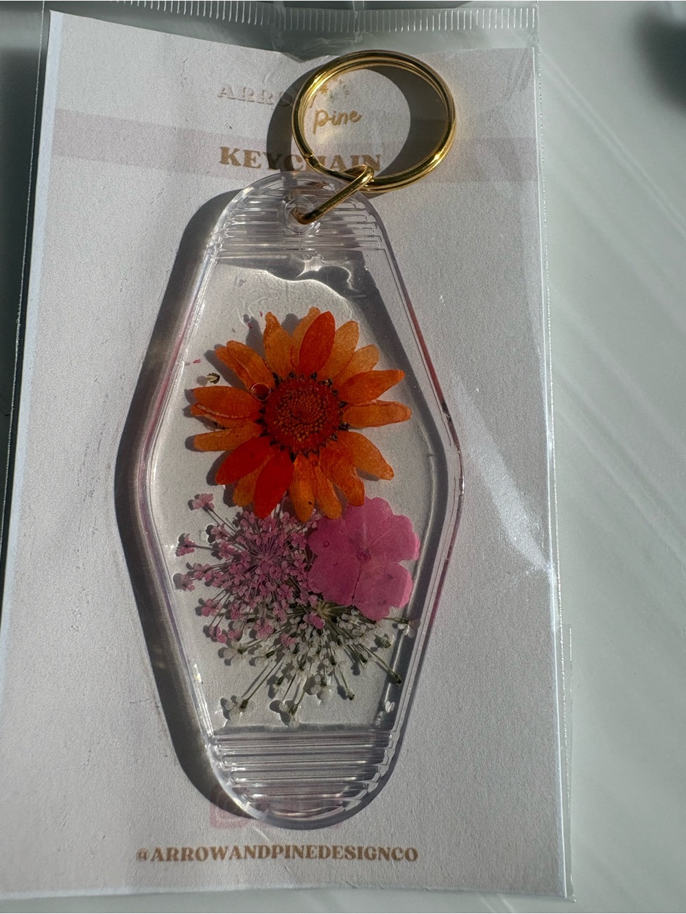 Arrow & Pine Orange and Pink Pressed Flower Keychain motel style